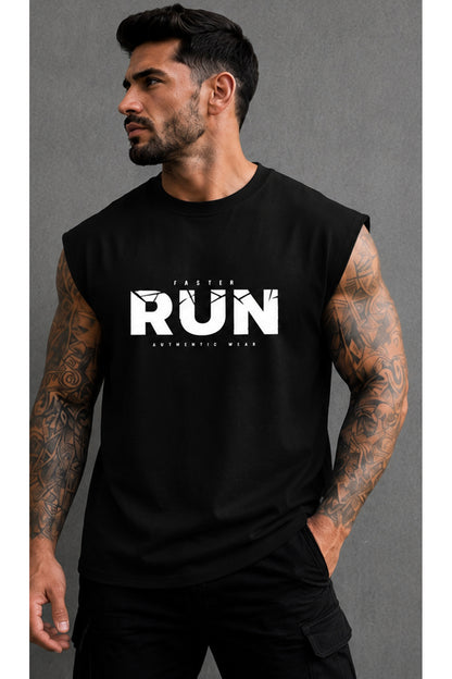 FASTER RUN Baskılı Erkek Sıfır Kol Atlet T-Shirt (%100 PAMUKLU)