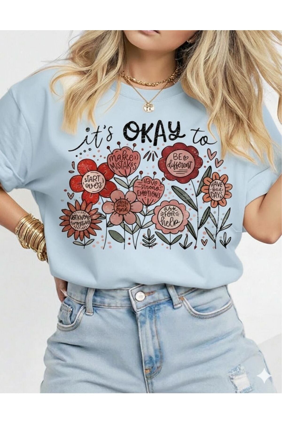 it's Okay To Çiçekler Kısa Kollu Pamuklu Tshirt