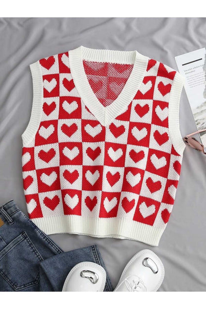V-NECK COTTON SWEATER WITH HEARTS Süveter KALPLİ