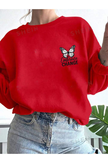 Embrace Kelebek Baskılı Bisiklet Yaka Sweatshirt
