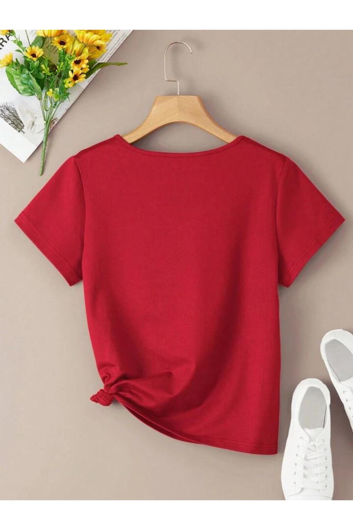 V Yaka MİNİK KALP Baskılı Yazlık Kadın T-SHİRT