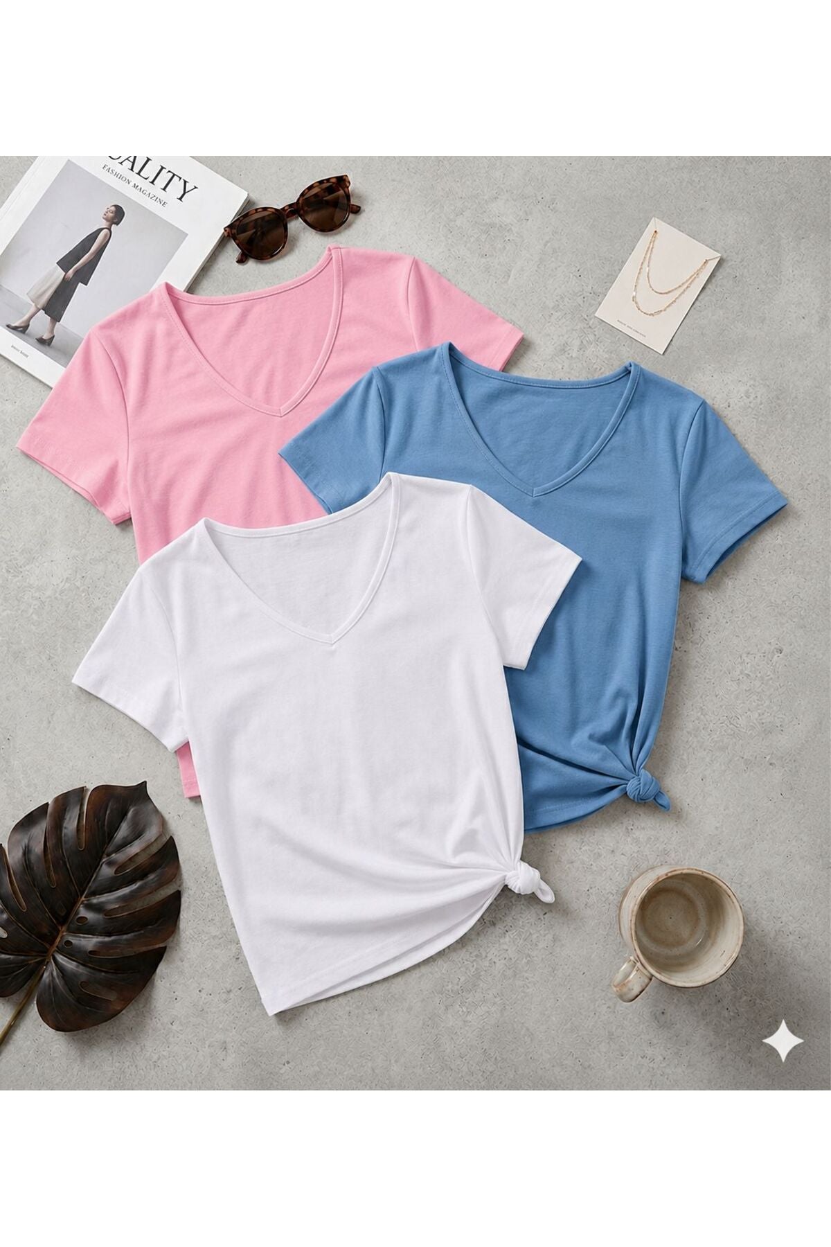 3 Adet Düz Regular Kalıp (V Yaka) Kadın T-Shirt