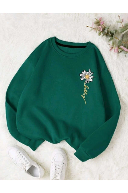 Happy Papatya Baskılı Bisiklet Yaka Unisex Sweatshirt