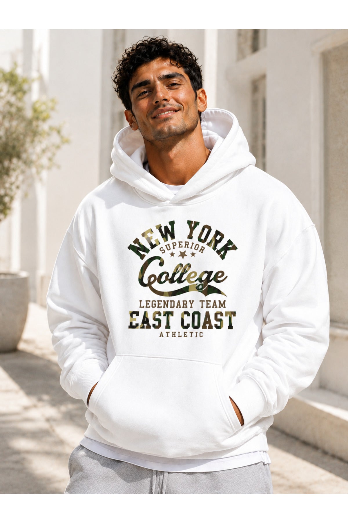College New York Üç İplik Penye Erkek Kapşonlu Sweatshirt Oversize