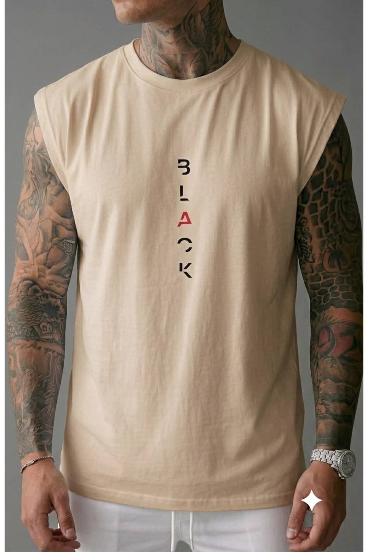 BLACK Baskılı Erkek (Sıfır Kol) Kolsuz Sporcu Atlet T-shirt