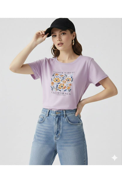 FLOWER MARKET California Baskılı Kadın Bisiklet Yaka Tshirt