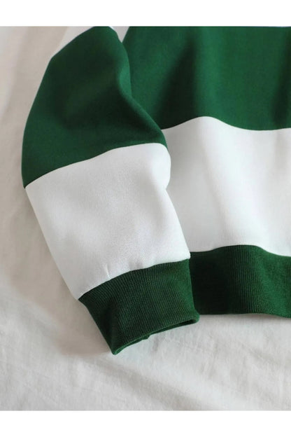 Original Unisex Kahverengi Çizgili Oversize Polo Yaka Yarım Fermuarlı Sweatshirt