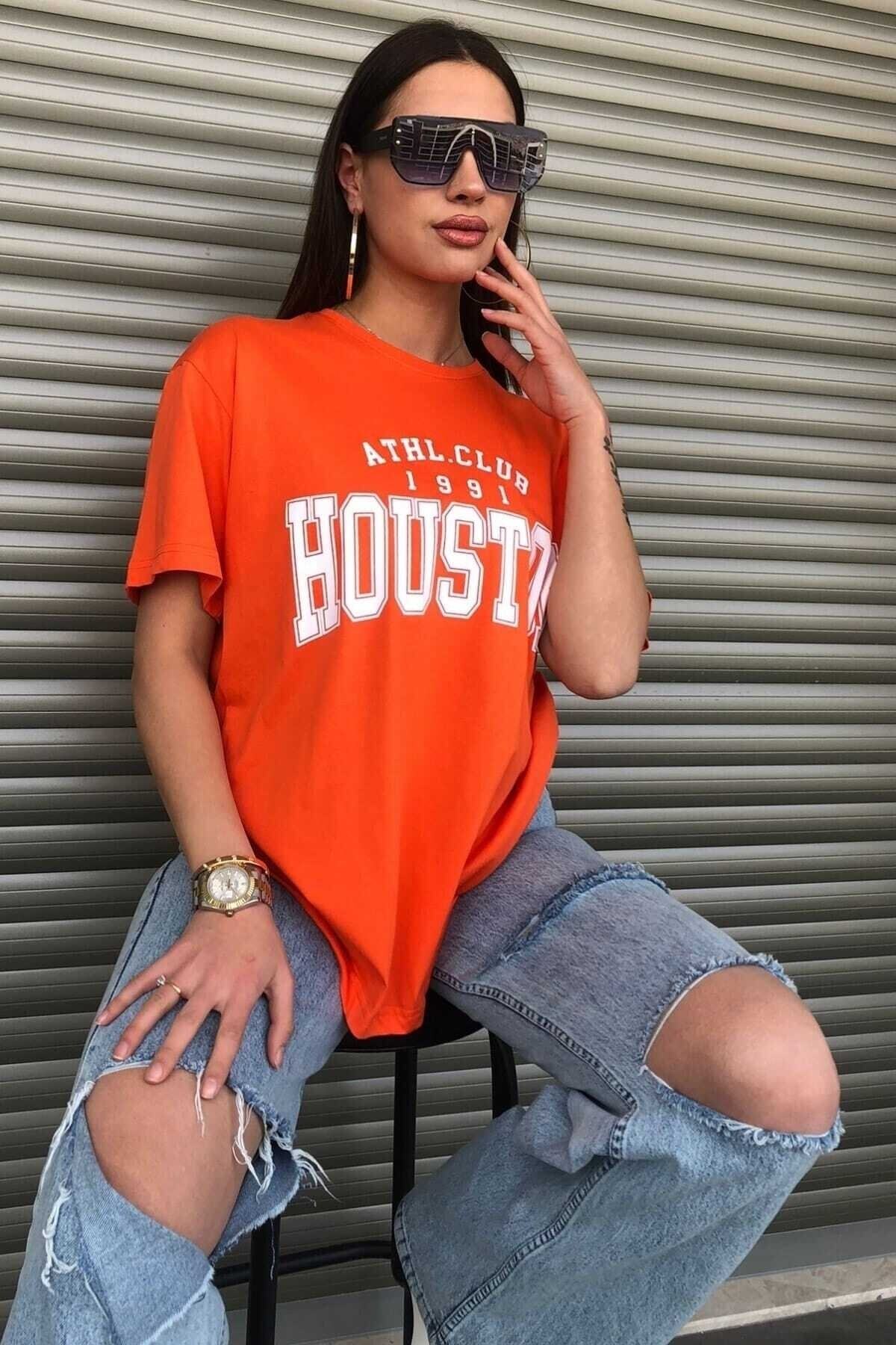 Houston 1991 Baskılı Oversize ( Geniş Kalıp ) Bisiklet Yaka Pamuk Spor Tshirt