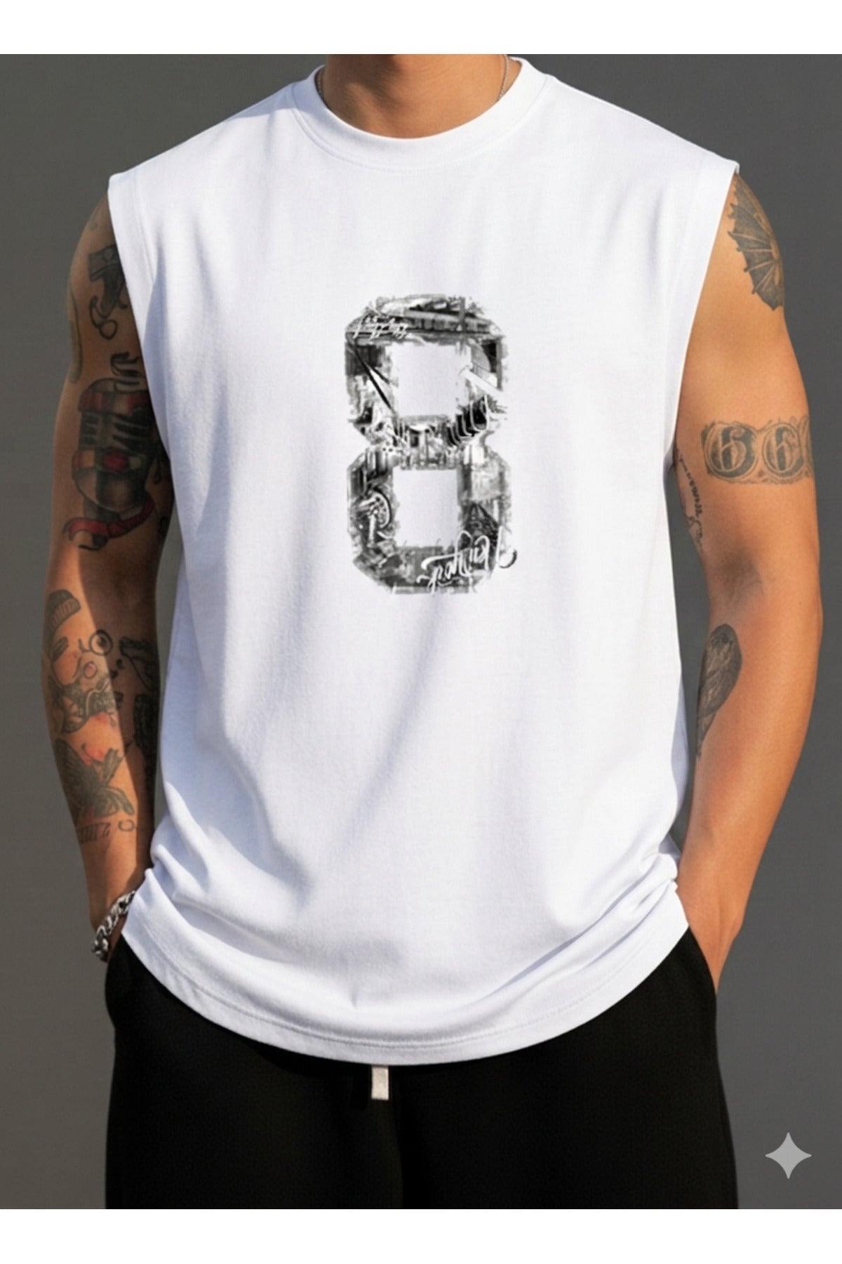Erkek Sıfır Kol MİX Baskılı T-Shirt