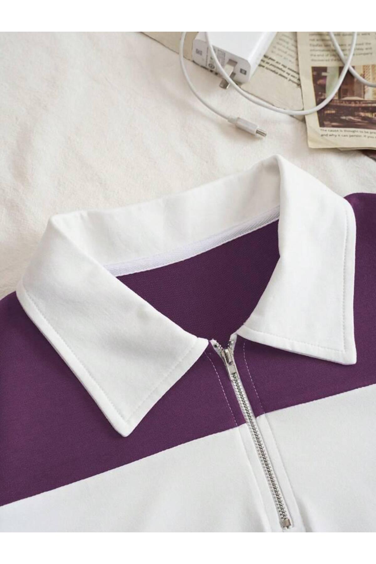 Unisex Multi Renk Düz Çizgili Fermuarlı Polo Yaka Oversize T-shirt