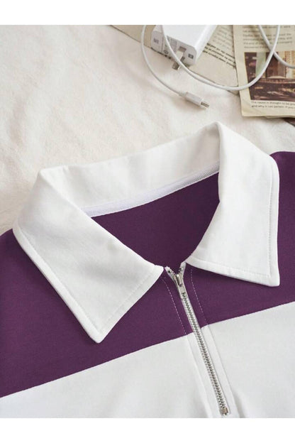 Unisex Multi Renk Düz Çizgili Fermuarlı Polo Yaka Oversize T-shirt
