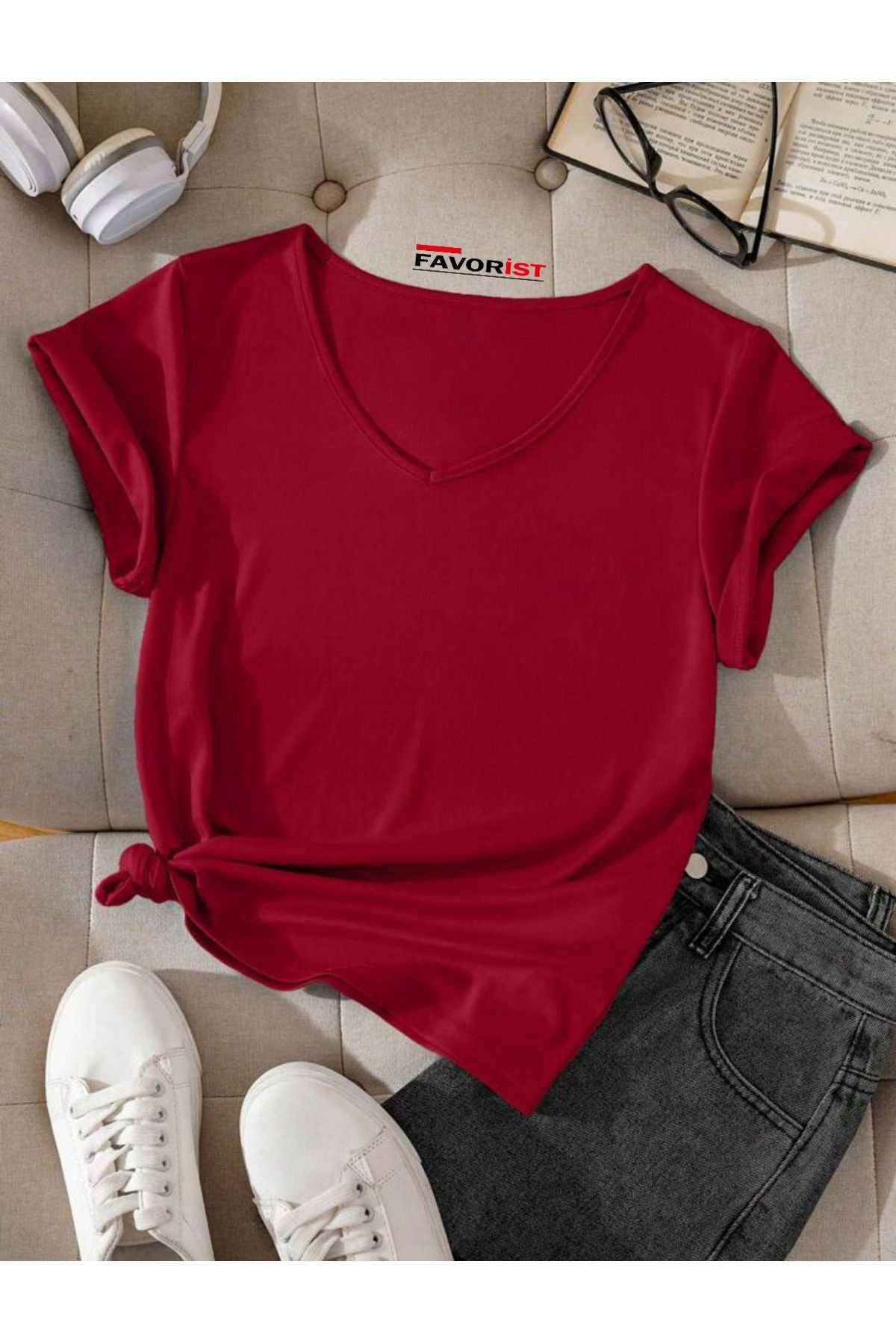 V Yaka (düz Desensiz) Basic Giy Çık Pamuklu Tshirt