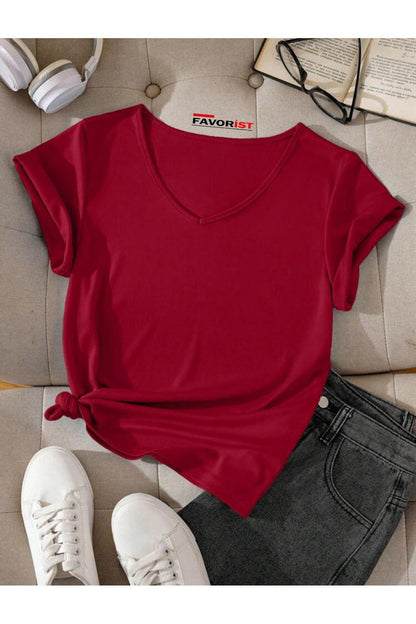 V Yaka (düz Desensiz) Basic Giy Çık Pamuklu Tshirt