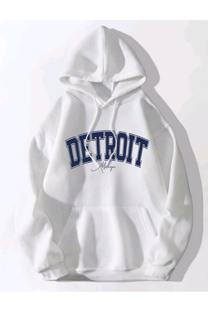Detroıt Baskılı Oversize Hoodie Kapşonlu Sweatshirt