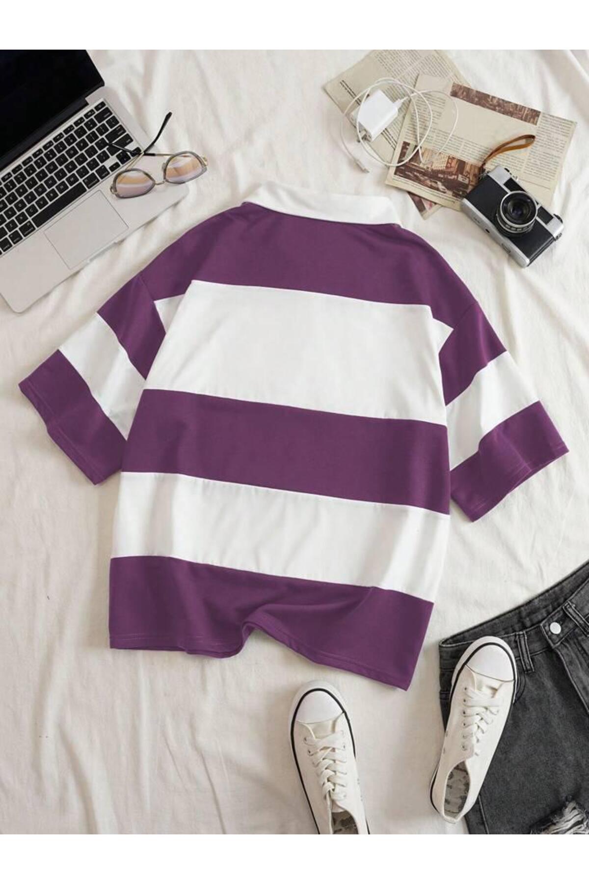 Unisex Multi Renk Düz Çizgili Fermuarlı Polo Yaka Oversize T-shirt