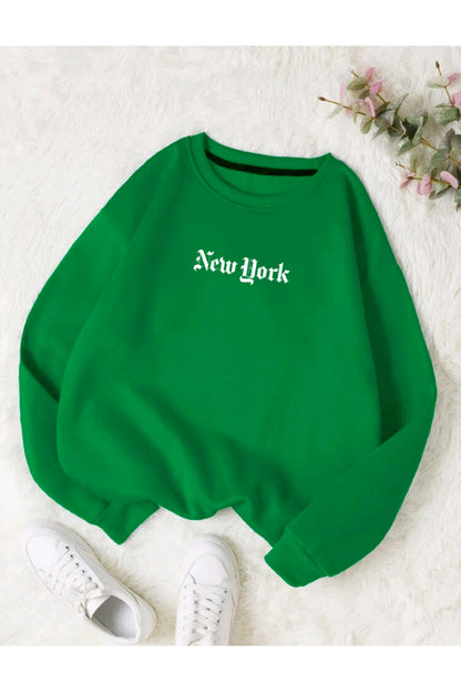 NEW YORK SLOGAN Baskılı Bisiklet Yaka OVERSIZE Sweatshirt