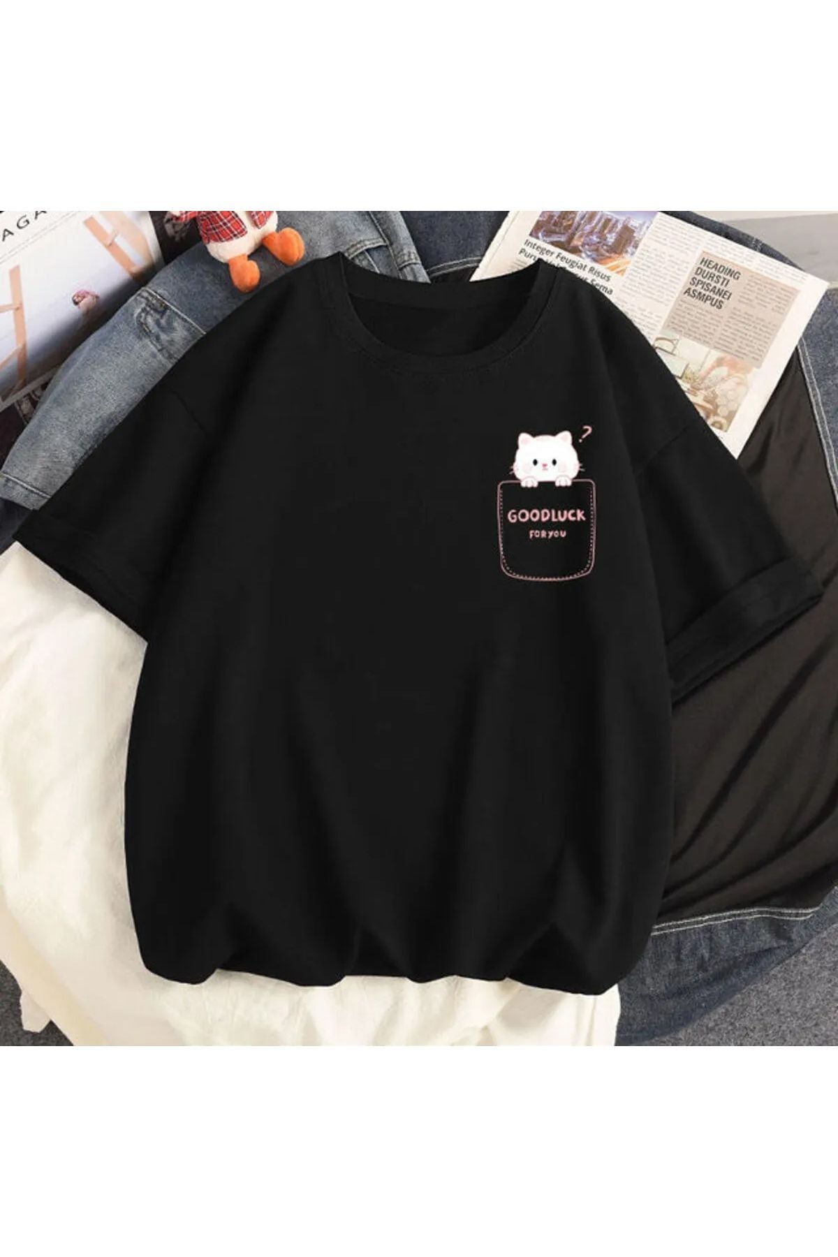 Good Luck Kedicik Baskılı Oversize T-shirt