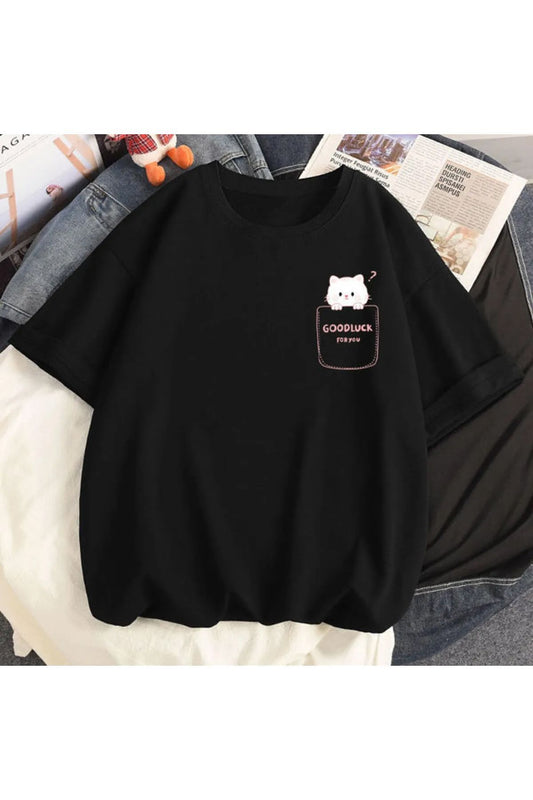 Good Luck Kedicik Baskılı Oversize T-shirt