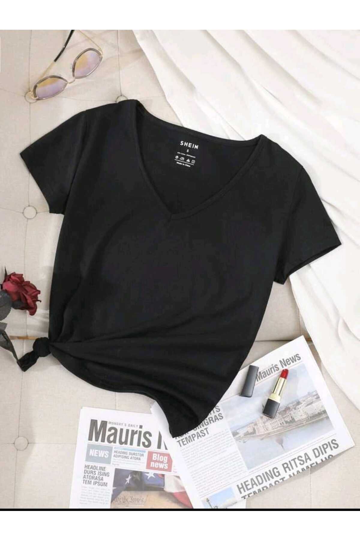Kadın Yazlık V Yaka Tshirt Regular Fit Kalıp Düz Basic