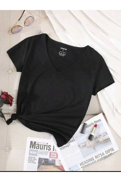 Kadın Yazlık V Yaka Tshirt Regular Fit Kalıp Düz Basic