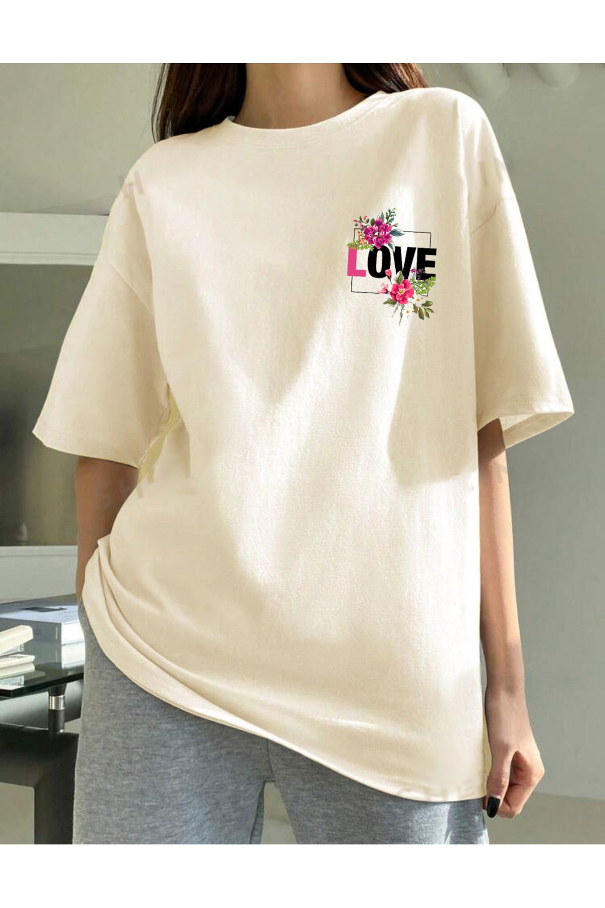 LOVE Baskılı Pamuklu Bisiklet Yaka Oversize Tshirt