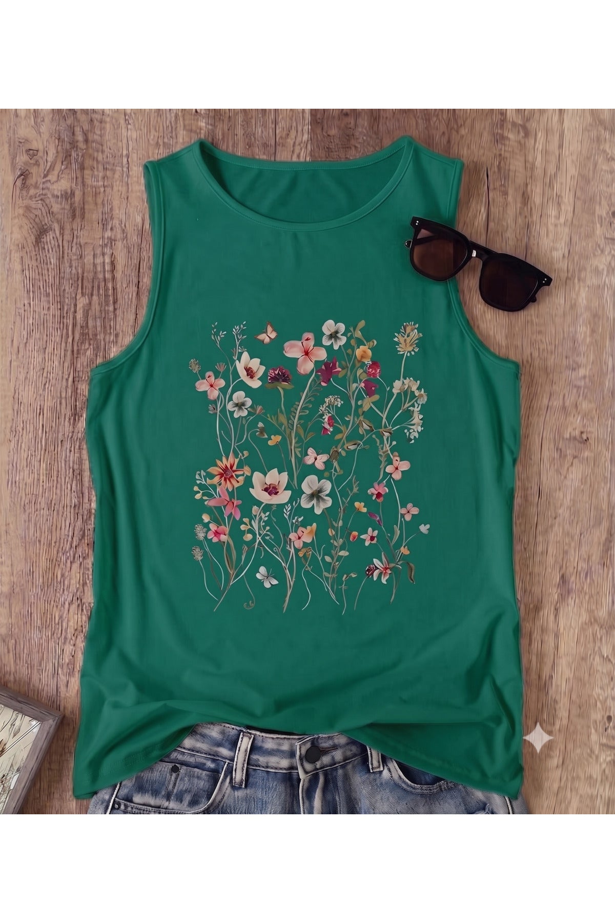 FLOWERS Desenli Kadın Pamuklu Omuzu Açık (Kolsuz) Yazlık T-shirt