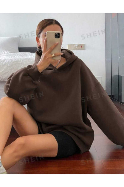 Kapüşonlu Düz Baskısız Giy Çık Oversize Kalıp Sweatshirt
