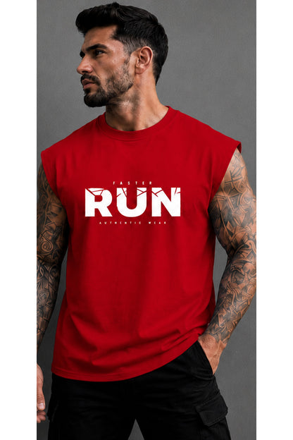 FASTER RUN Baskılı Erkek Sıfır Kol Atlet T-Shirt (%100 PAMUKLU)