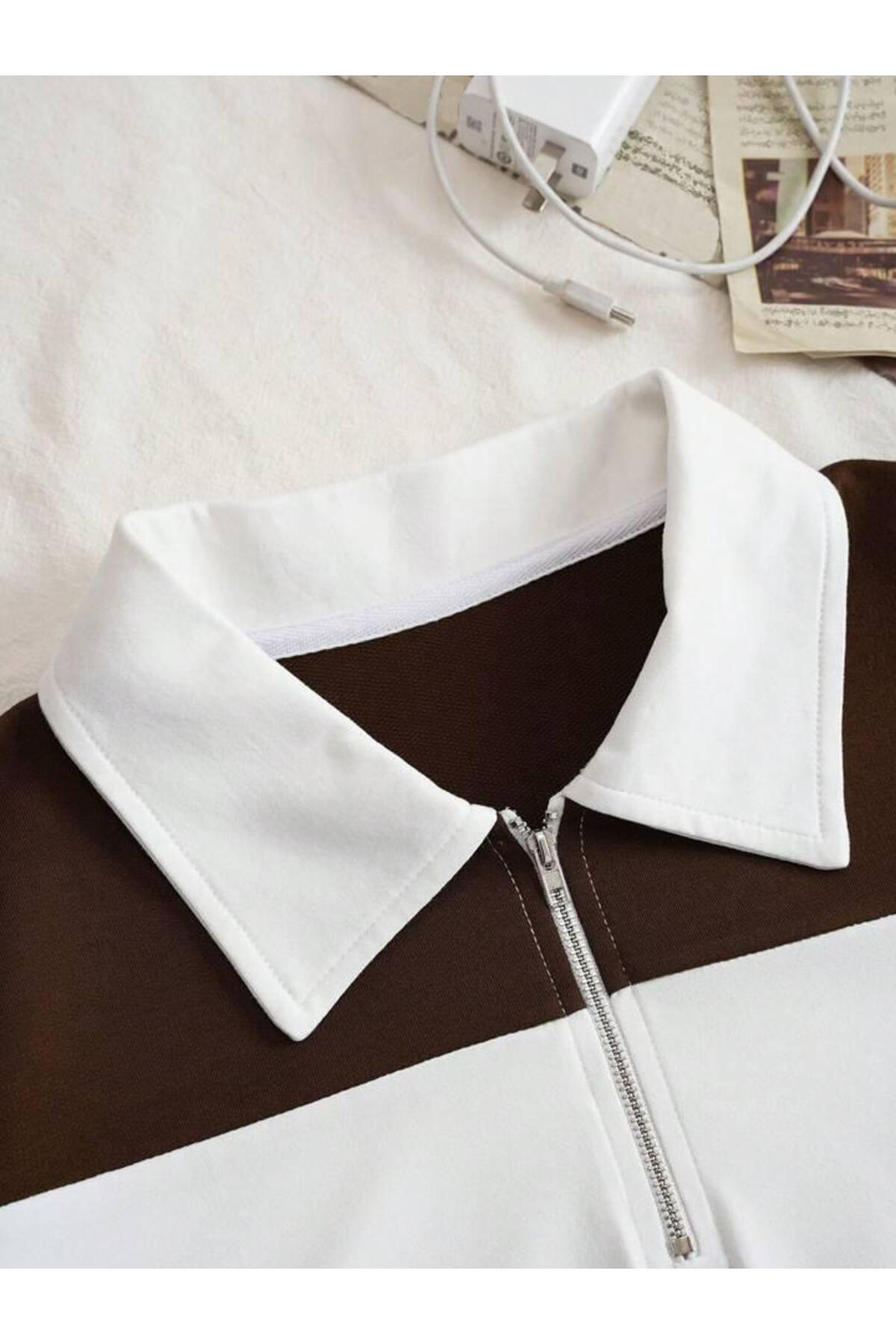 Unisex Multi Renk Düz Çizgili Fermuarlı Polo Yaka Oversize T-shirt