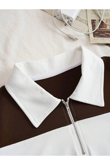 Unisex Multi Renk Düz Çizgili Fermuarlı Polo Yaka Oversize T-shirt