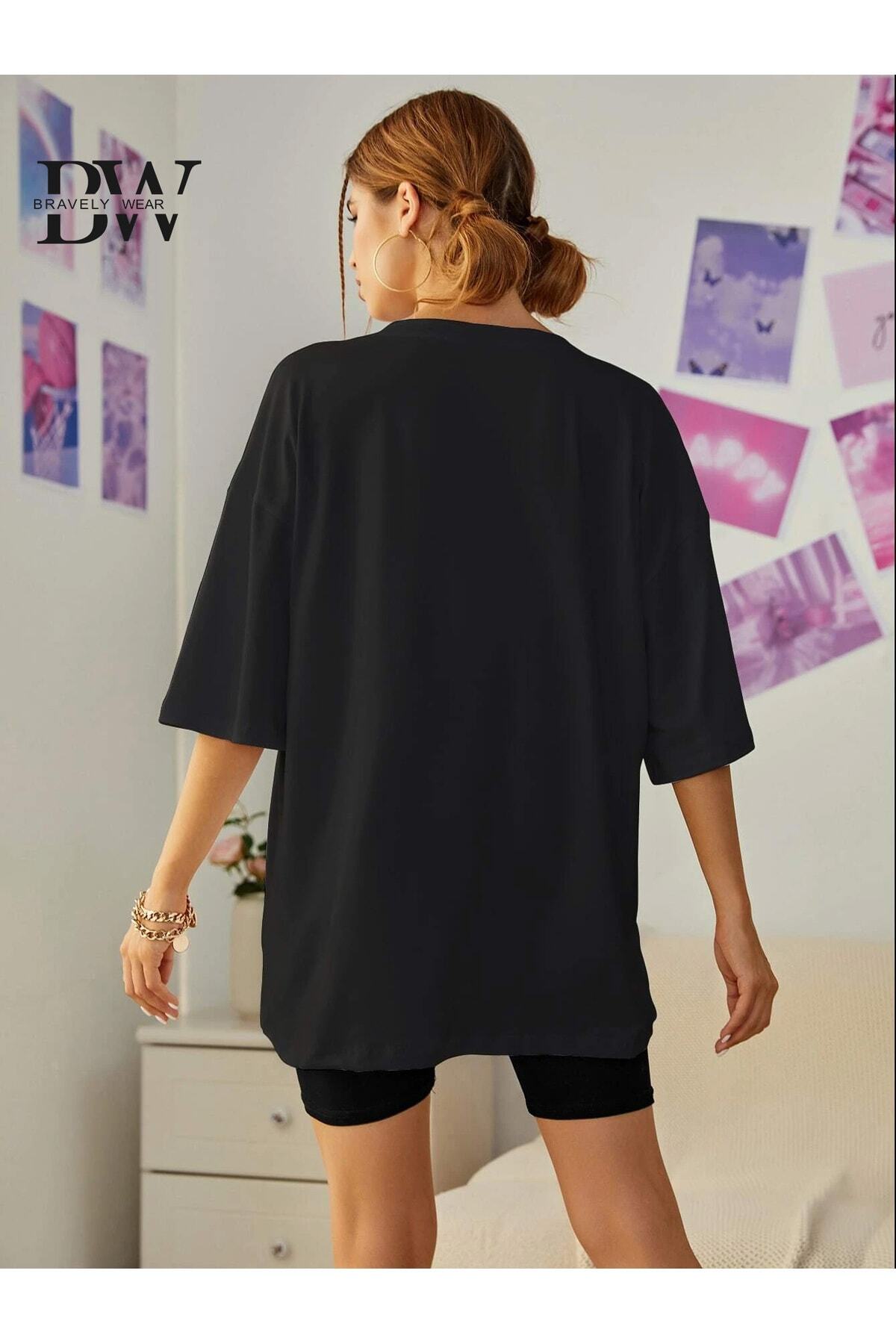 Ayıcık Baskılı Oversize Bisiklet Yaka Pamuklu Tshirt