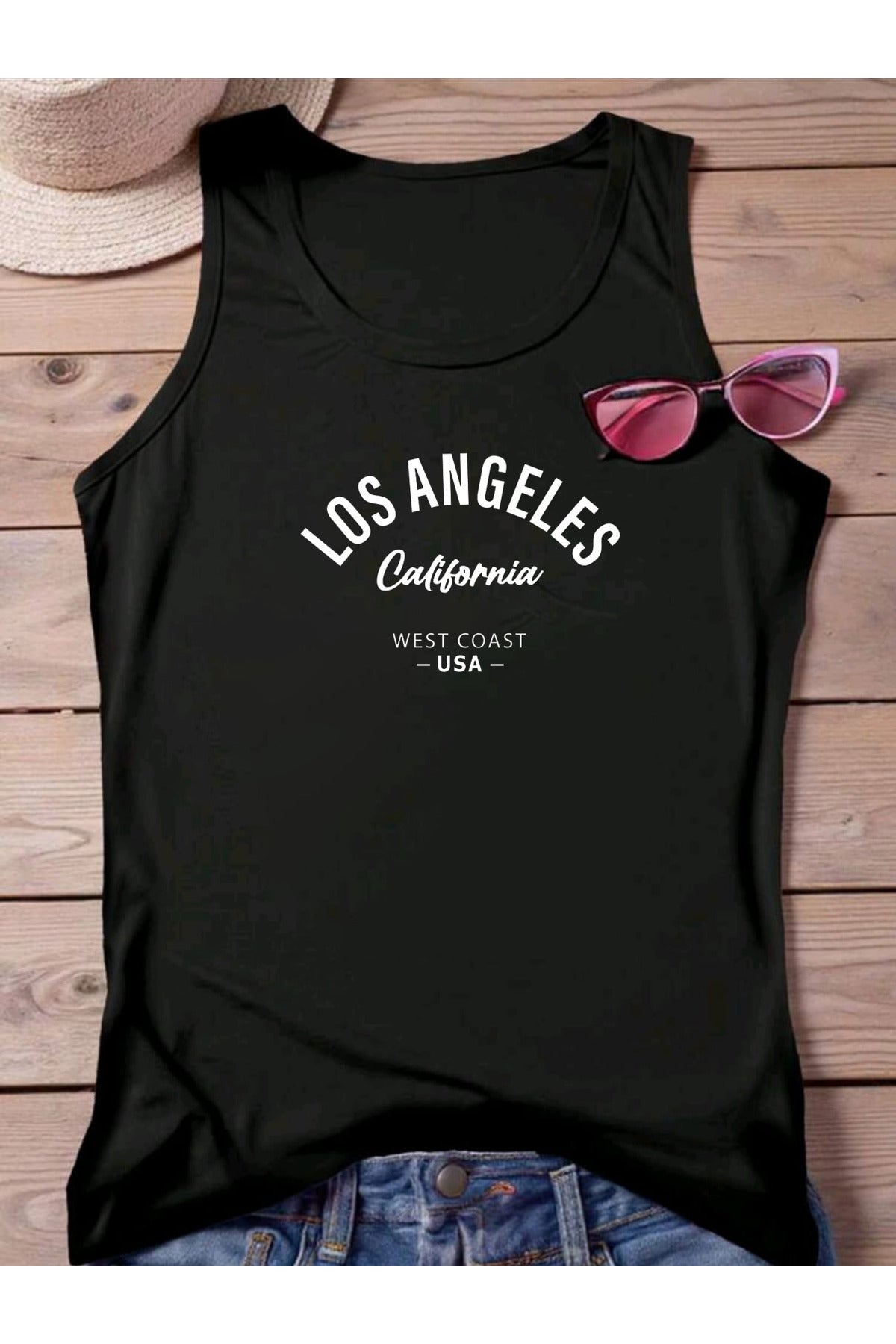 LOS ANGELES WEST COAST Baskılı Omuzu Açık Kadın Pamuklu Kolsuz Yazlık T-shirt Atlet
