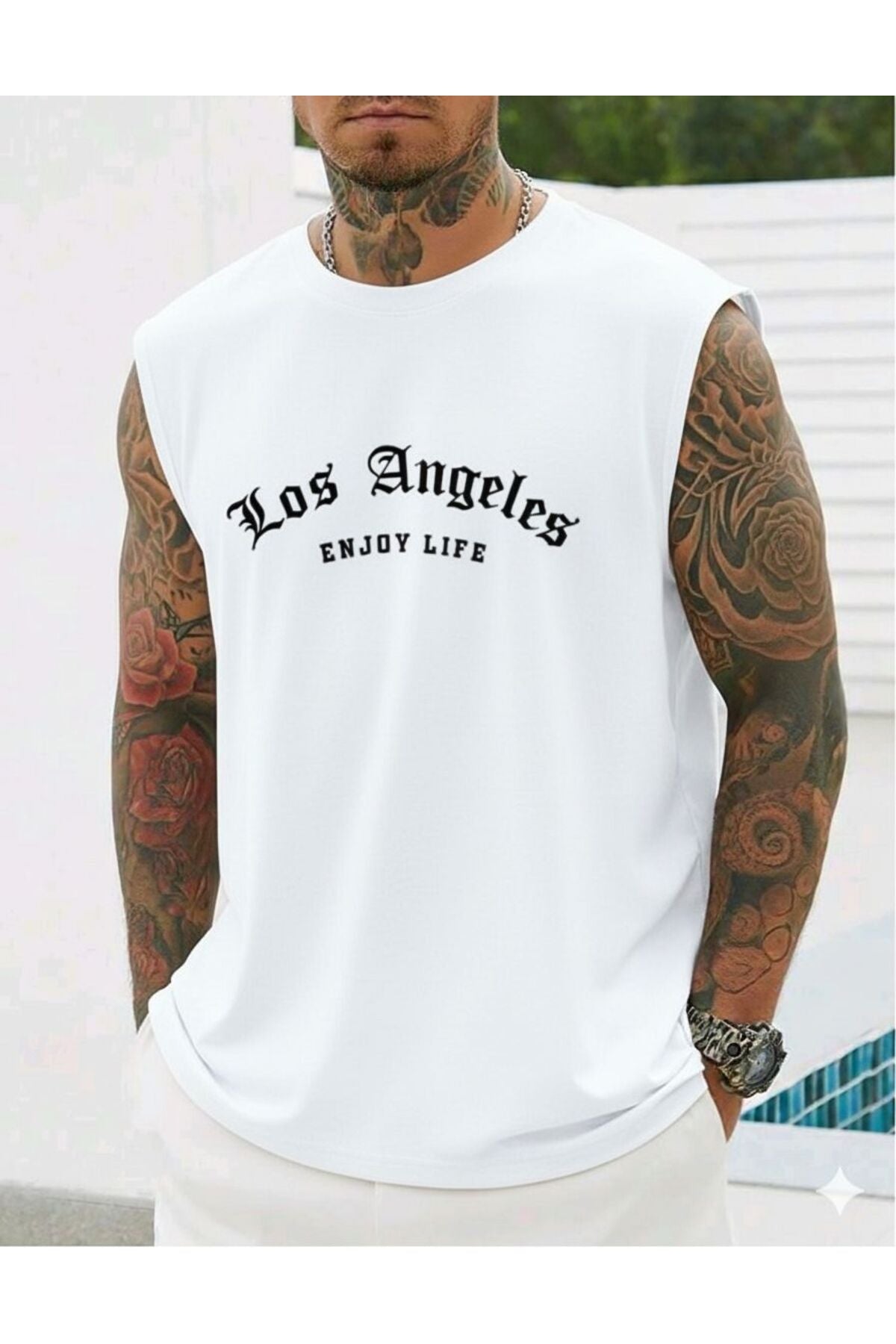 LOS ANGELES ENJOY LIFE Baskılı Erkek Sıfır Kol Sporcu Tshirt