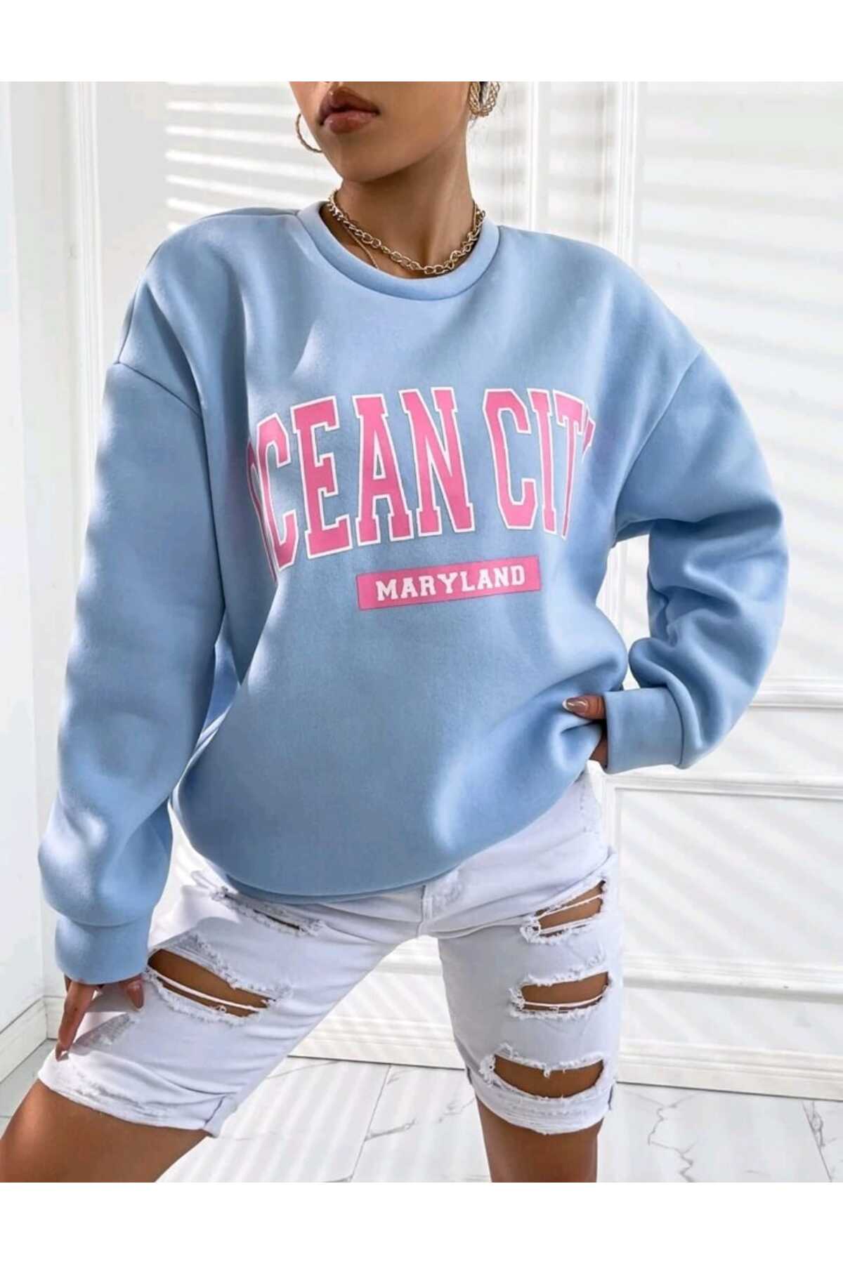 Ocean CITY Baskılı Bisiklet Yaka Sweatshirt