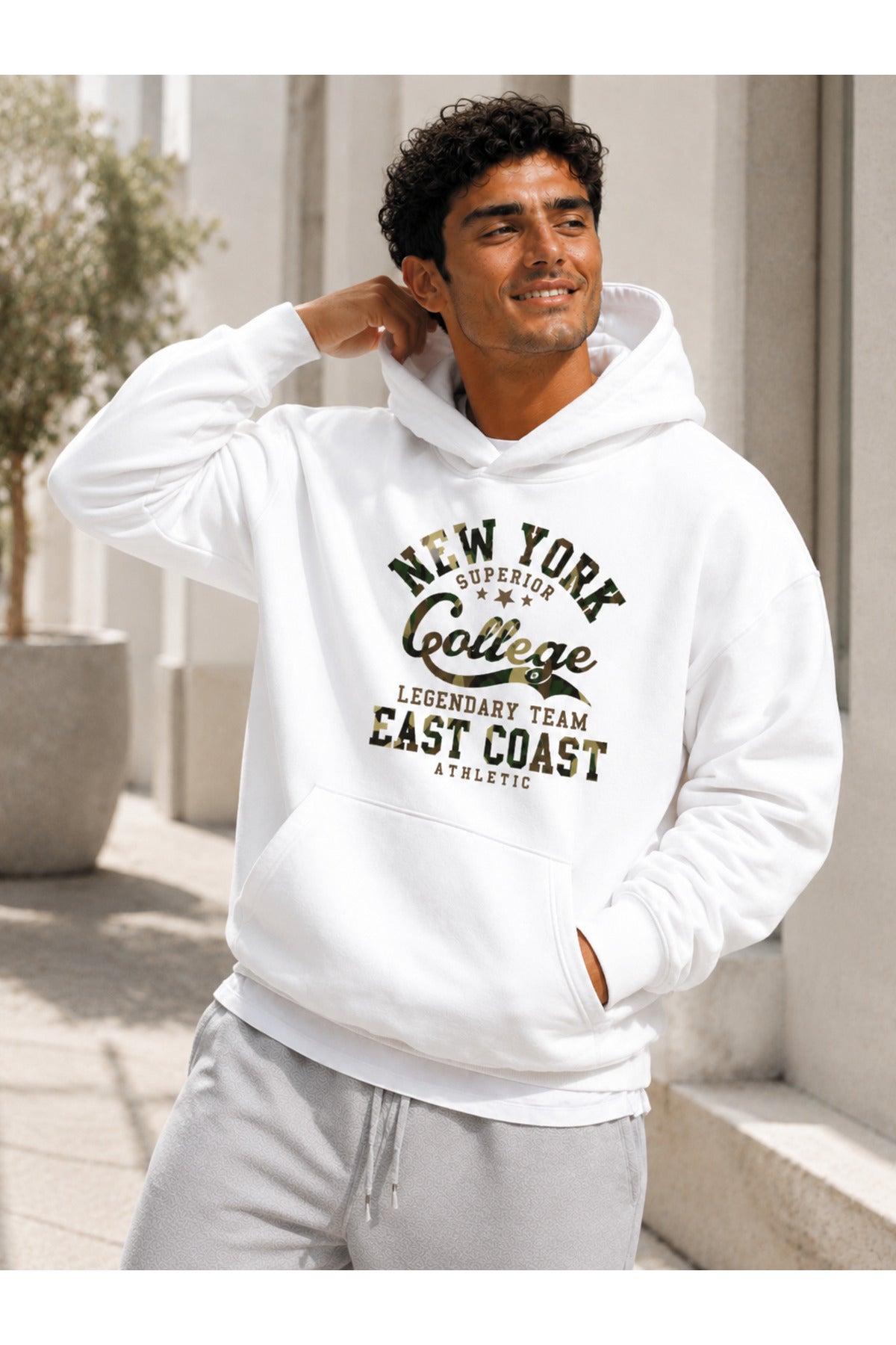 College New York Üç İplik Penye Erkek Kapşonlu Sweatshirt Oversize