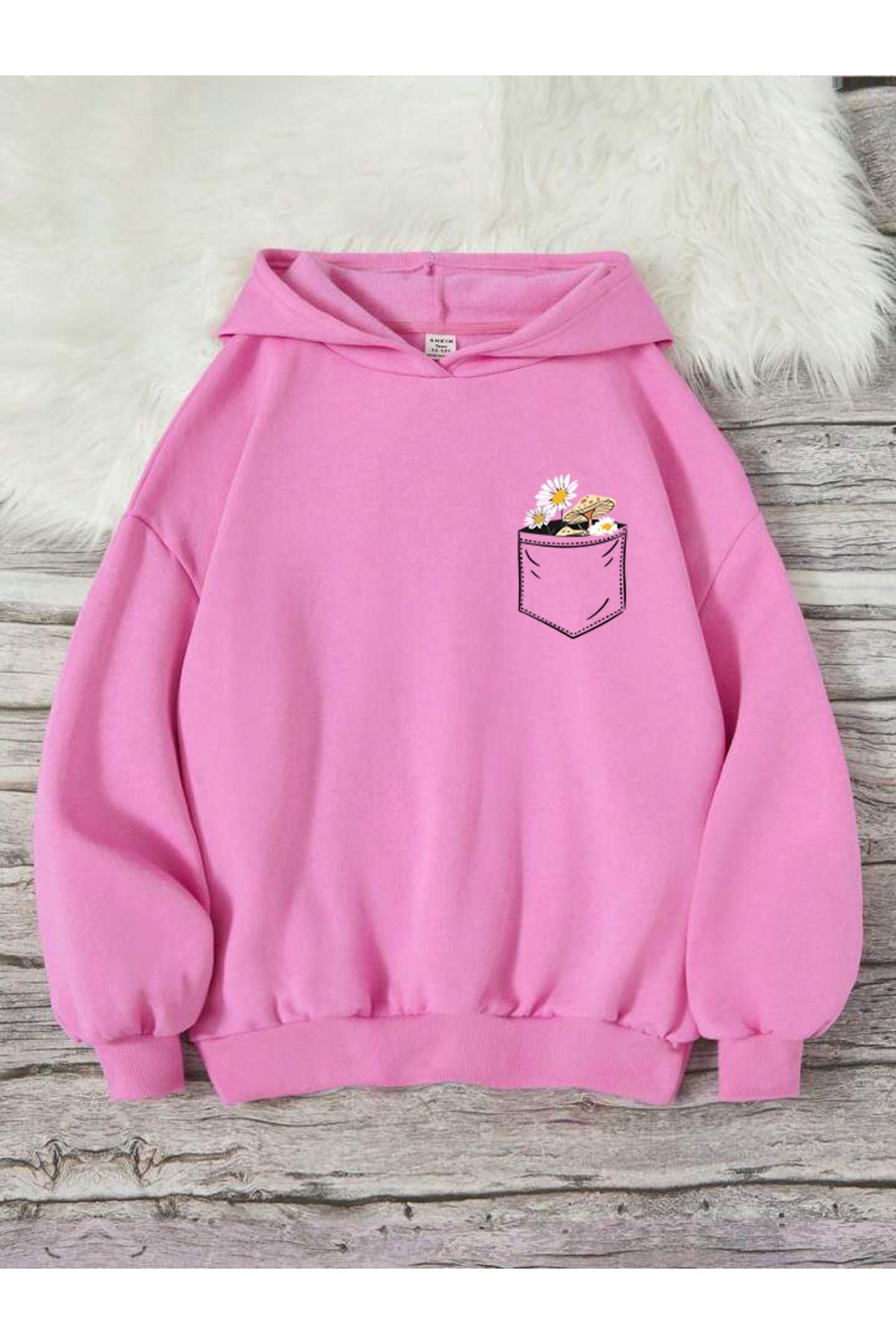 Cep Çiçek Baskılı Kapşonlu Sweatshirt Oversize Geniş Kalıp