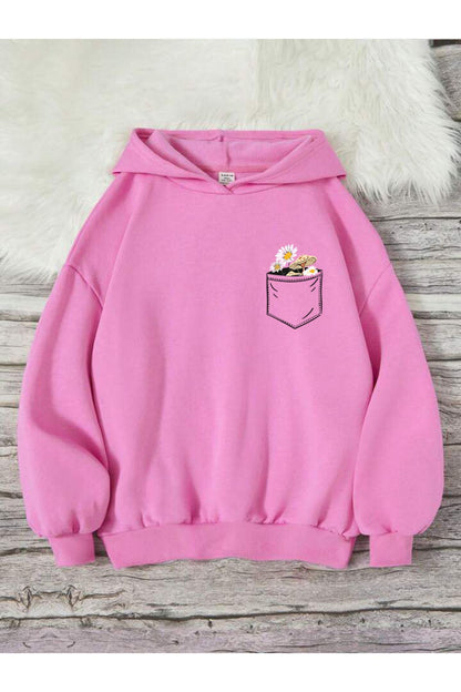 Cep Çiçek Baskılı Kapşonlu Sweatshirt Oversize Geniş Kalıp