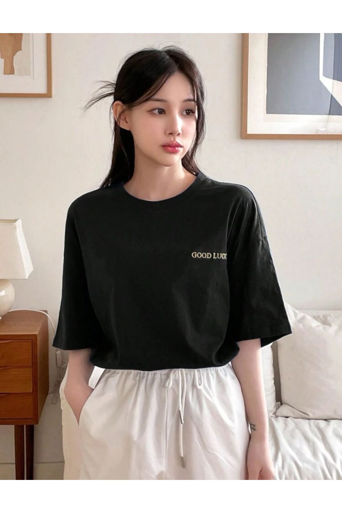 GOOD LUCK Baskılı Pamuklu Kısa Kol (Oversize) Tshirt