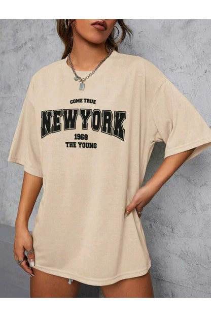 Come True New York Baskılı Oversize Spor Bisiklet Yaka Pamuklu Tshirt