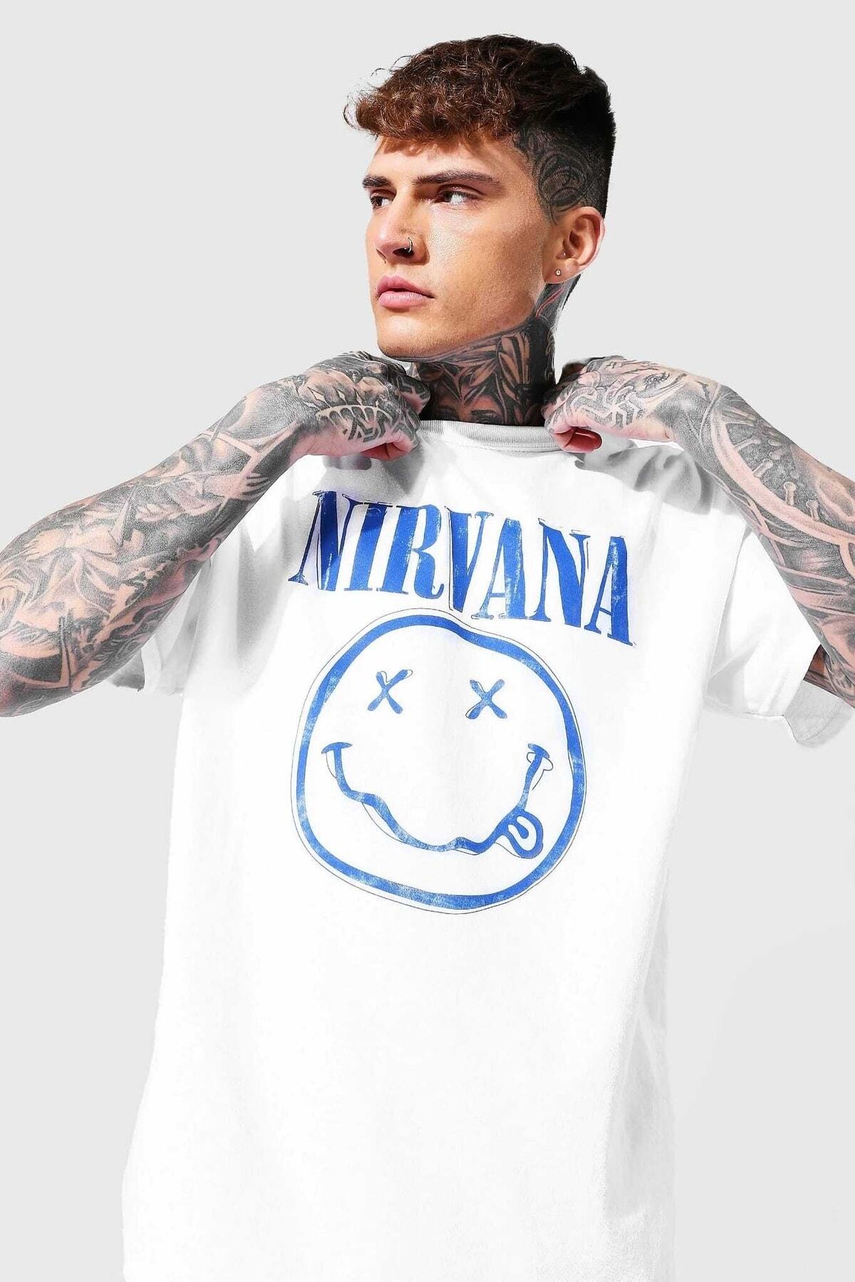 Nırvana Baskılı Oversıze Beyaz Bisiklet Yaka Spor Tshirt