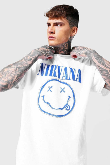 Nırvana Baskılı Oversıze Beyaz Bisiklet Yaka Spor Tshirt