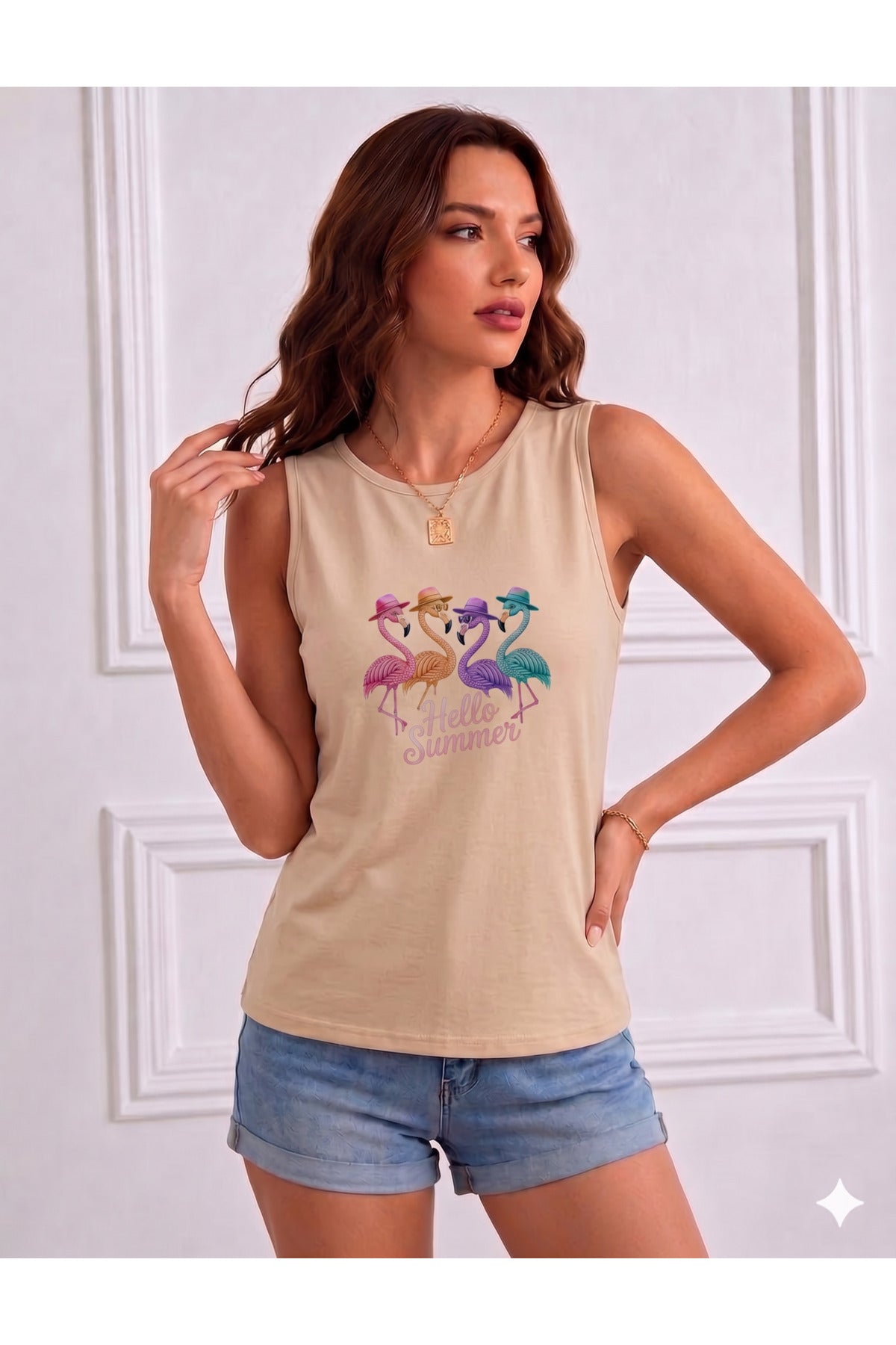 FLAMİNGO Baskılı Kadın (Omuzu Açık) Askılı Kolsuz Tshirt