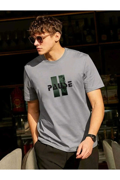 Pause Baskılı Erkek Bisiklet Yaka Pamuklu Tshirt