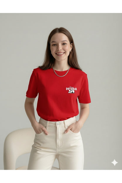 Sleepy Panda Baskılı Regular Kalıp Pamuklu Kadın Tshirt Tişört T-Shirt