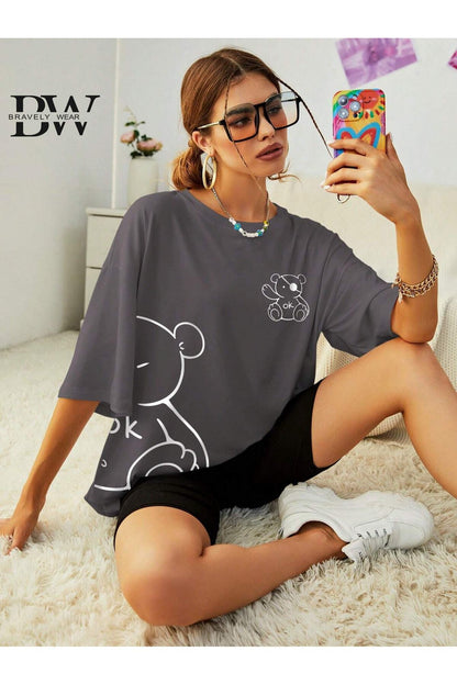 Ayıcık Baskılı Oversize Bisiklet Yaka Pamuklu Tshirt