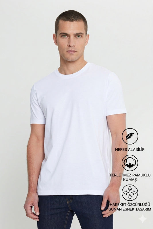 Erkek Slim Fit Bisiklet Yaka Kısa Kollu Yumuşak Tuşeli Basic Siyah Tişört