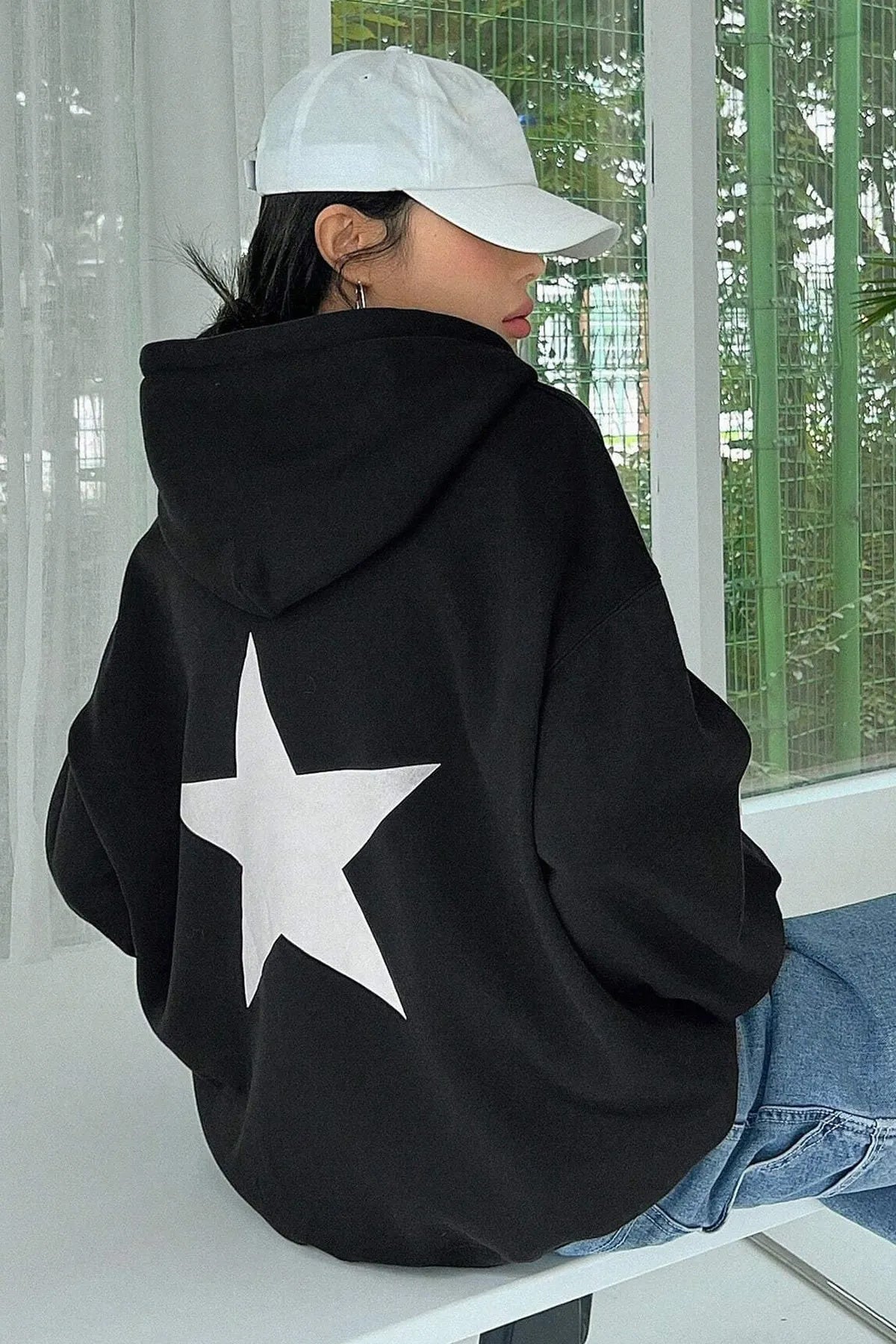 STAR Baskılı Oversize Kapşonlu Sweatshirt