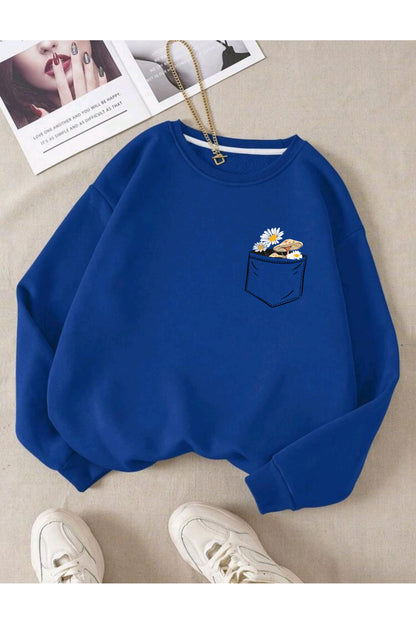 Çiçek Baskılı Bisiklet Yaka Pamuklu Sweatshirt