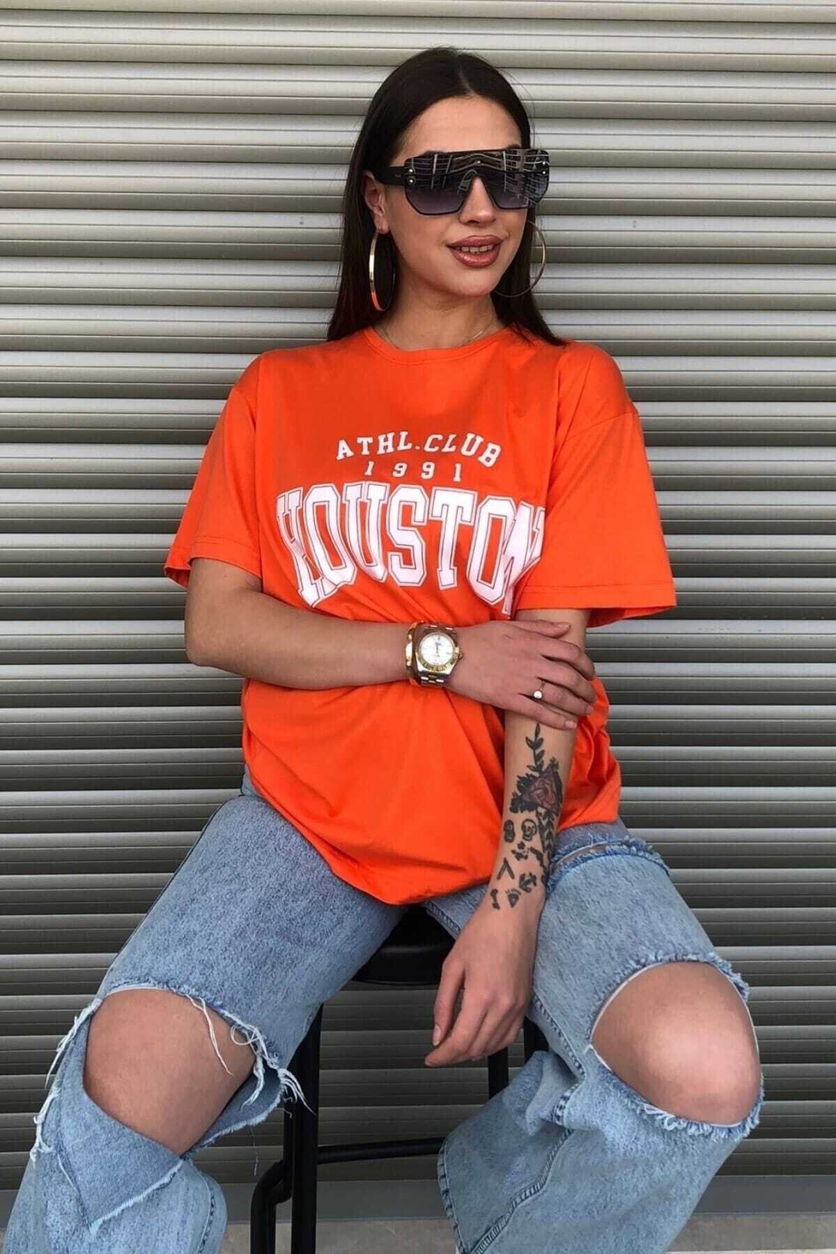 Houston 1991 Baskılı Oversize ( Geniş Kalıp ) Bisiklet Yaka Pamuk Spor Tshirt