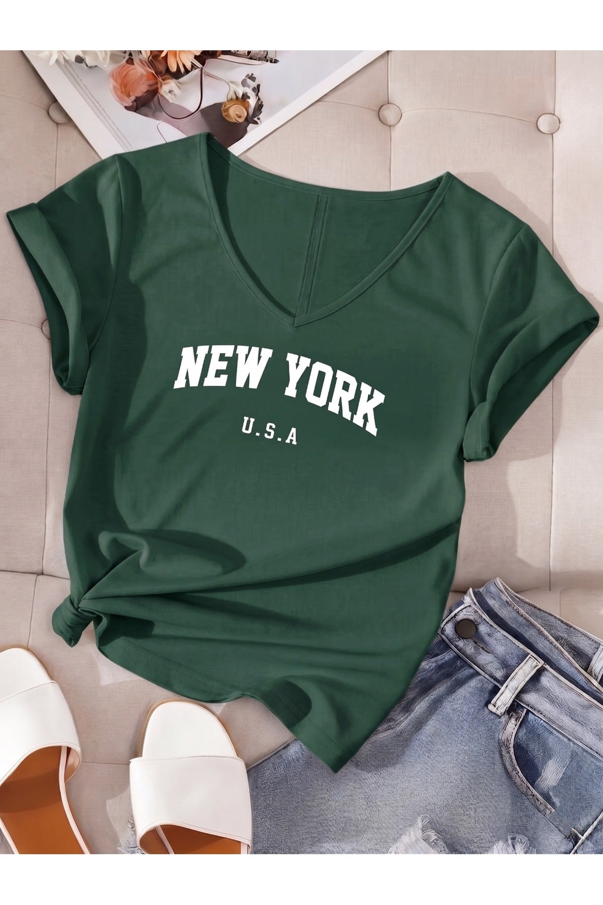 Kadın New York USA Baskılı V Yaka T-shirt